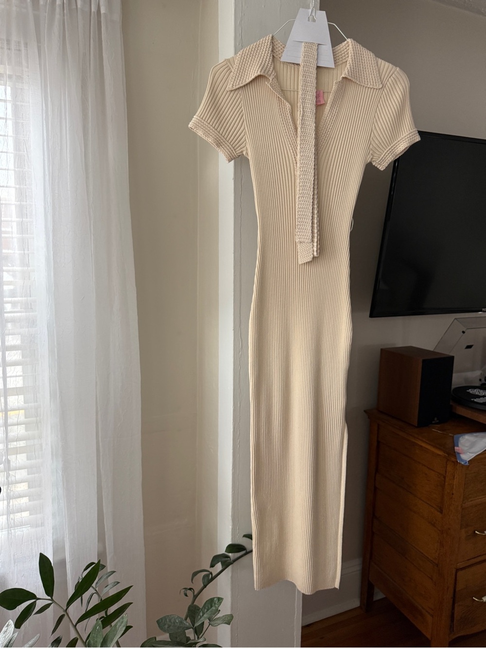 Joie Cream Ribbed Knit Polo Maxi Dress Tie Neck Size XS